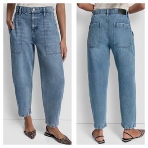 DKNY High-Rise Barrel Leg Utility Jeans, 100% Cotton, Light Wash, Size 27, EUC!